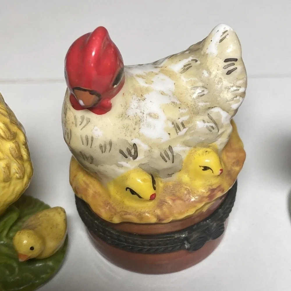 3 Beautiful Porcelain Hen-Rooster Figurines (One Is A Trinket Box)